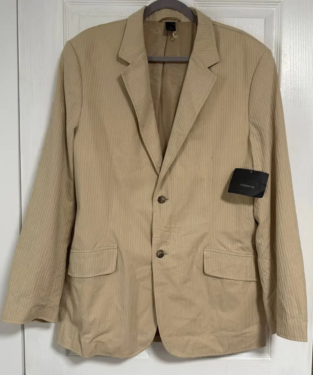 Claiborne Men's Tan Beige Cotton Two Buttons Sportscoat Blazer Jacket Size 44R